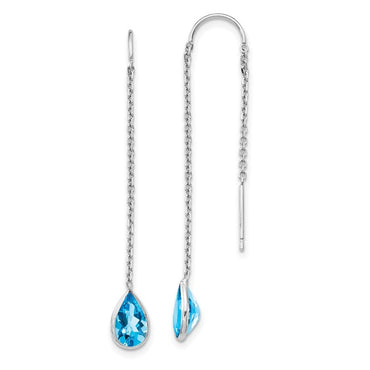 14k White Gold Blue Topaz Pear Bezel Threader Earrings