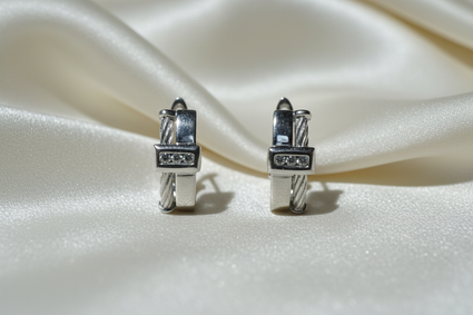 14K White Gold Diamond Half-Hoop Earrings - Pair