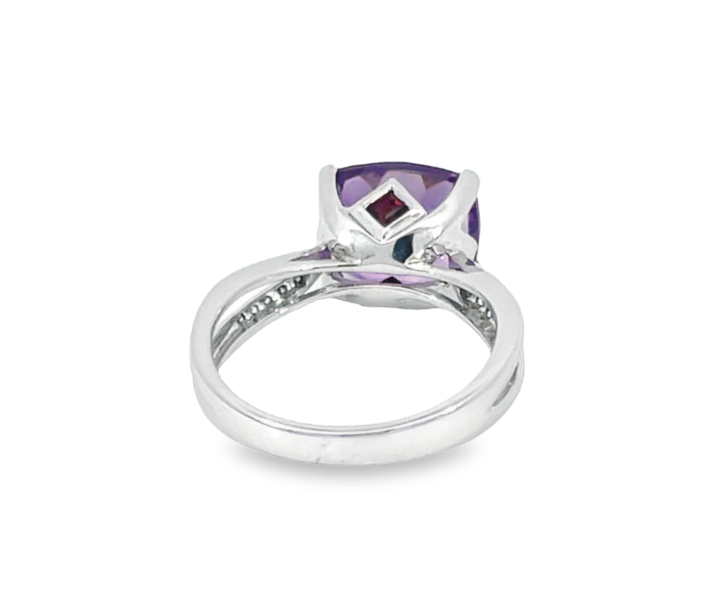 Natural Amethyst, Diamond and Garnet 14K White Gold Fashion Ring