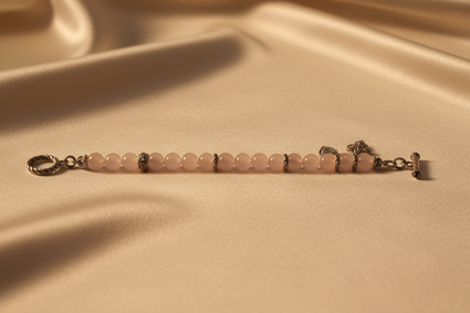 Sterling silver rose quartz and CZ heart charm toggle bracelet on cream satin, editorial luxury photography