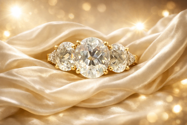 Three-Stone Oval White Topaz Ring in 14K Yellow Gold with Diamond Accents
