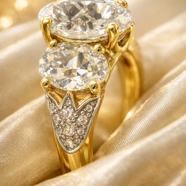 Three-Stone Oval White Topaz Ring in 14K Yellow Gold with Diamond Accents