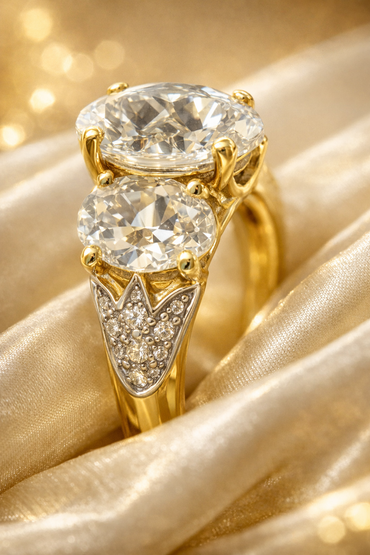 Three-Stone Oval White Topaz Ring in 14K Yellow Gold with Diamond Accents