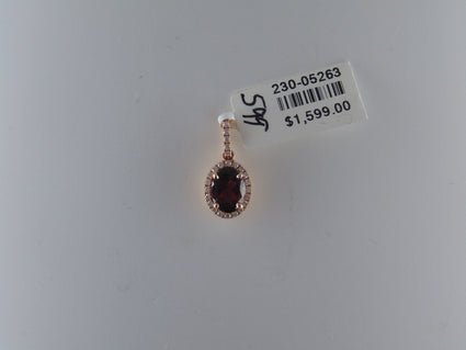 Oval Garnet & Diamond Halo Drop Pendant in 14K Rose Gold