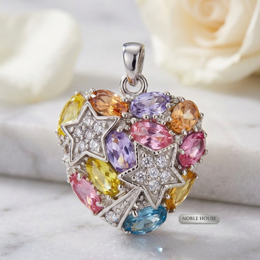 Multi-Color CZ Heart & Stars Pendant