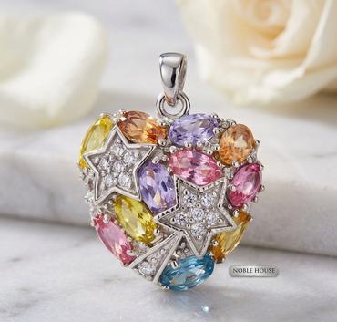 Multi-Color CZ Heart & Stars Pendant