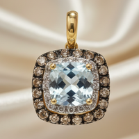 14K Yellow Gold Cushion Amethyst Quartz & Diamond Halo Pendant