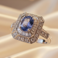 14KW .42ctw Tanzanite Art Deco Double Halo Ring