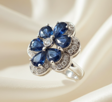 18K White Gold Five-Petal Blue Sapphire & .34tcw Diamond Floral Cocktail Ring