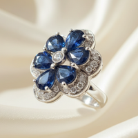 18K White Gold Five-Petal Blue Sapphire & .34tcw Diamond Floral Cocktail Ring