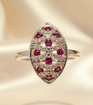 10K White Gold Ruby & Diamond Navette Ring