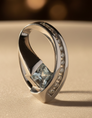 14K White Gold Princess Aquamarine & Diamond Arc Pendant