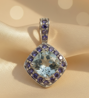 14K White Gold Cushion Aquamarine & Iolite Kite Halo Pendant