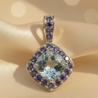 14K White Gold Cushion Aquamarine & Iolite Kite Halo Pendant