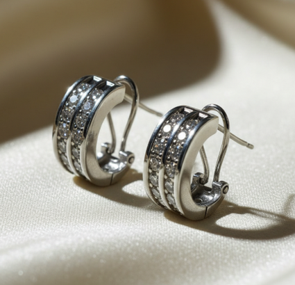 14K White Gold Two-Row Diamond Half-Hoop Earrings