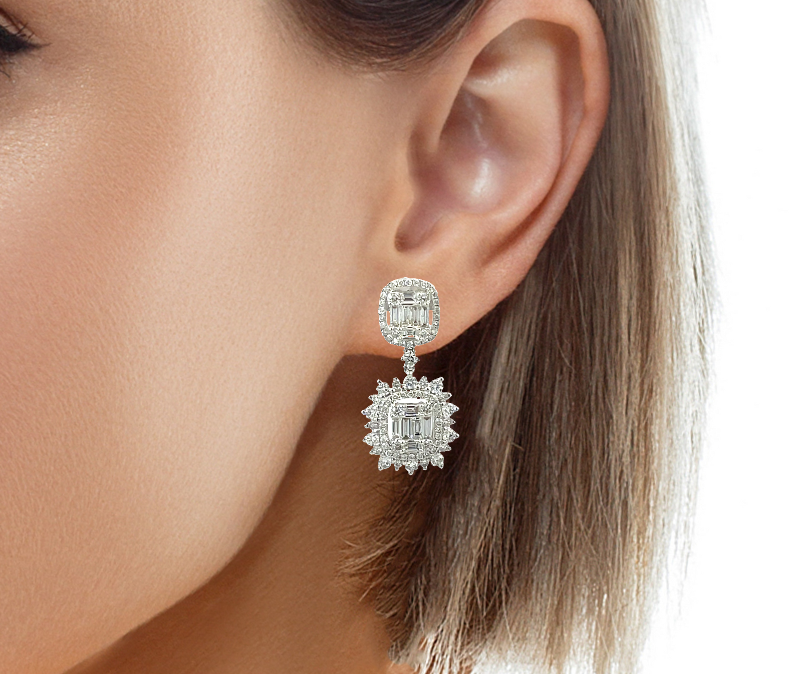 18KW 3.26CTW Diamond Mosaic Style Dangle Earrings