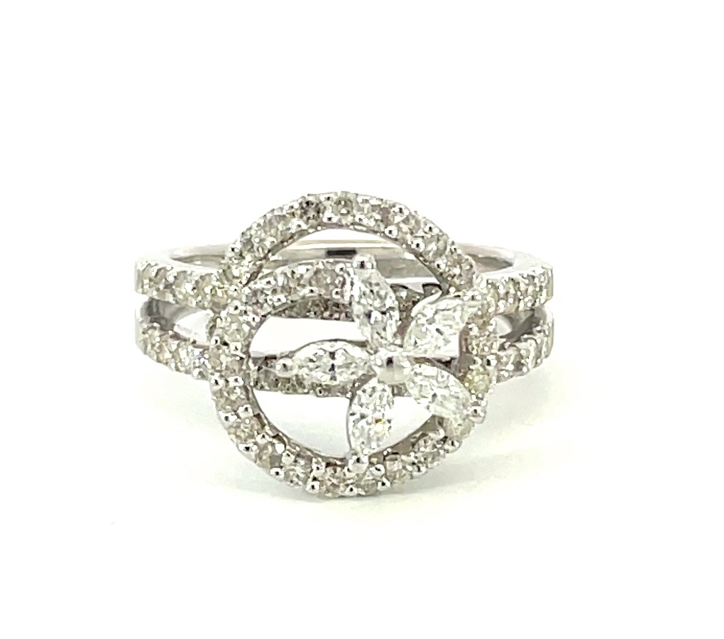 14K White Gold 1.31 CTW Floral Design Diamond Ring featuring Marquise and Round Diamonds