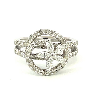 14K White Gold 1.31 CTW Floral Design Diamond Ring featuring Marquise and Round Diamonds