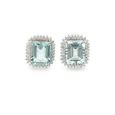 14K White Gold .84CTW Diamond 12X10 Emerald Shape Aquamarine Earrings