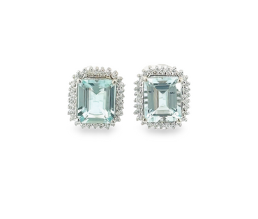 14K White Gold .84CTW Diamond 12X10 Emerald Shape Aquamarine Earrings