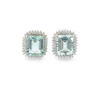 14K White Gold .84CTW Diamond 12X10 Emerald Shape Aquamarine Earrings