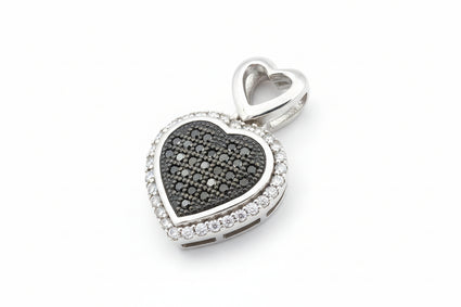 10K White Gold Black & White Diamond Heart Halo Pendant (0.16 CTW)