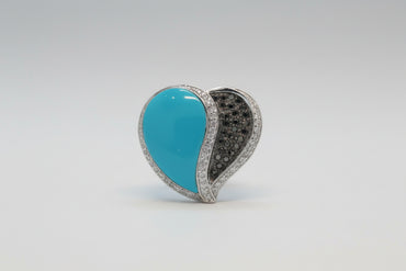 14K White Gold Heart Pendant with 0.29 CTW Black & White Diamonds and Turquoise Inlay
