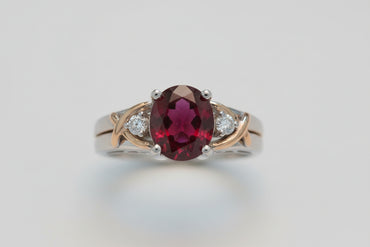 14K Two-Tone Gold Oval Garnet & Diamond Ring
