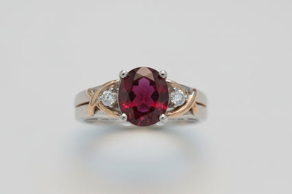 14K Two-Tone Gold Oval Garnet & Diamond Ring