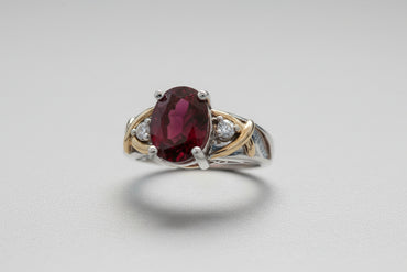14K Two-Tone Gold Oval Garnet & Diamond Ring