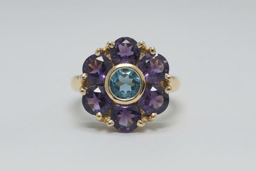 14K Amethyst and Blue Topaz Floral Pendant
