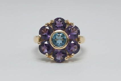 14K Amethyst and Blue Topaz Floral Pendant