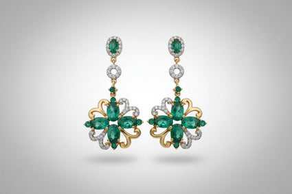 18K Yellow Gold Emerald & Diamond Drop Earrings