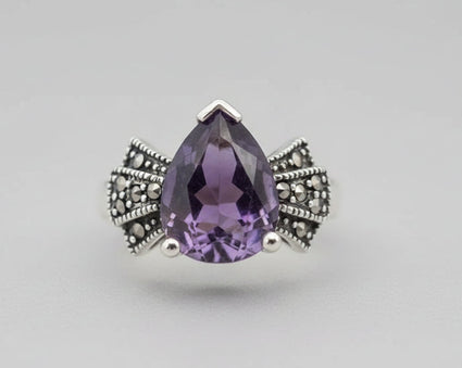 Art Deco Pear Amethyst & Marcasite-Style Ring
