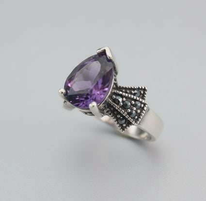 Art Deco Pear Amethyst & Marcasite-Style Ring