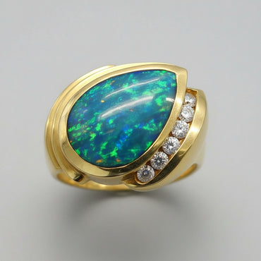 Created Black Opal & Diamond Teardrop Ring