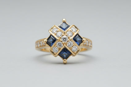 Sapphire & Diamond Geometric Cross Ring