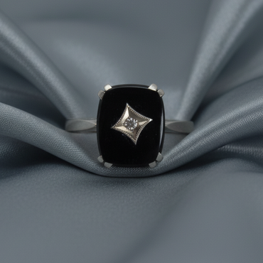 Black Onyx & Diamond Star Ring - Slate Grey Silk