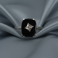 Black Onyx & Diamond Star Ring - Slate Grey Silk