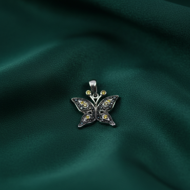 Black & Yellow Diamond Butterfly Pendant - Forest Green Silk