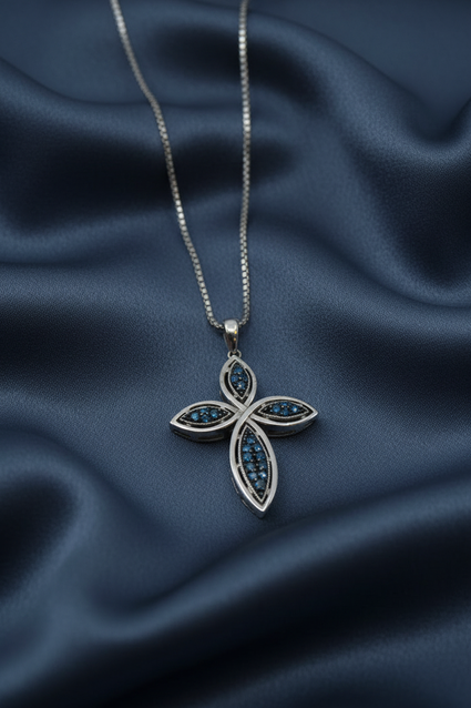 Blue Diamond Cross Pendant — Steel Blue Silk