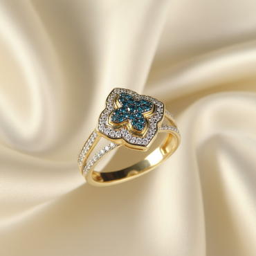 Blue & White Diamond Quatrefoil Ring in Yellow Gold