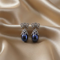 Dark Blue Pearl Drop Earrings — Champagne Silk