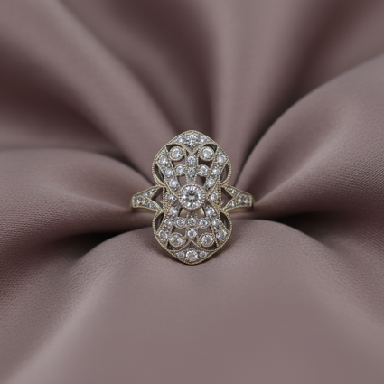 Edwardian Diamond Filigree Plaque Ring - Dusty Mauve Silk
