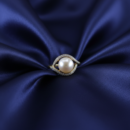 Freshwater Pearl & Diamond Bypass Ring — Navy Silk