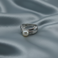 Freshwater Pearl & Diamond Wide Band Ring — Silver Silk