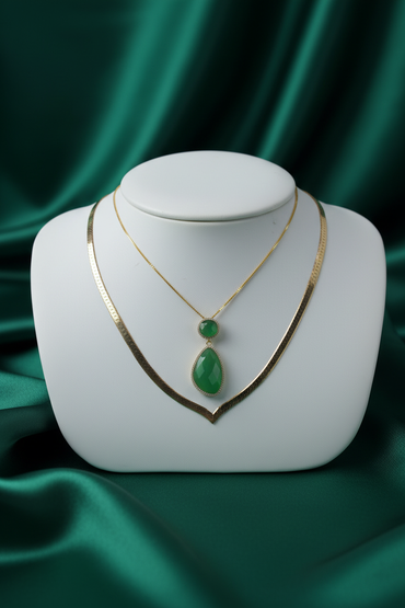 Green Gemstone & Herringbone Layered Necklace Set — Emerald Silk