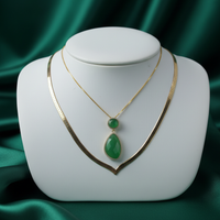 Green Gemstone & Herringbone Layered Necklace Set — Emerald Silk