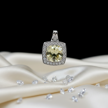 14KT White Gold Cushion Lemon Quartz & Diamond Halo Pendant — 3.7ctw