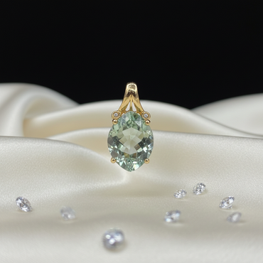 14KT Yellow Gold Oval Green Amethyst & Diamond Accent Pendant